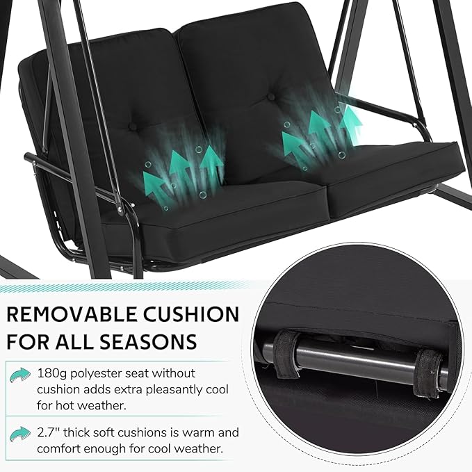 AECOJOY 2-Seat Outdoor Patio Swing Chair with Adjustable Canopy, Porch Swings Chairs for Adult, Outside Swing Bench with Removable Cushion, Suitable for Backyard, Garden, Yard, Poolside, Balcon, Black