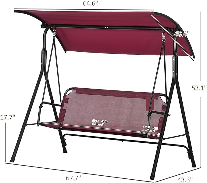 Outsunny 3-Person Porch Swing with Stand, Outdoor Swing for Patio Porch with Adjustable Tilt Canopy and Comfortable Swing Bench-Style Seat, Steel Frame, Wine Red