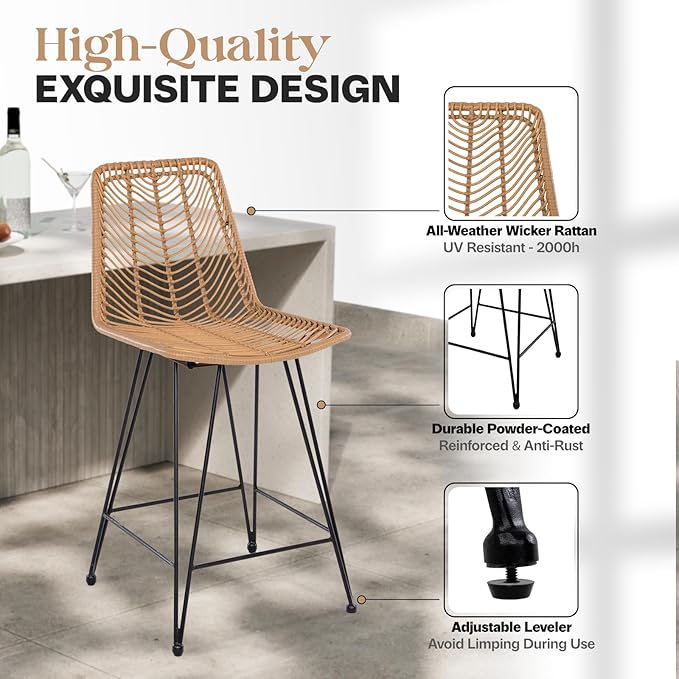 IDZO Rattan Counter Height Bar Stools, 36.5" Tall, 400lbs Capacity, Durable Steel Frame, Plush Cushions, Use for Outdoor & Indoor, Ideal for Kitchen Island & Bar, Stylish Bar Stools Set of 2