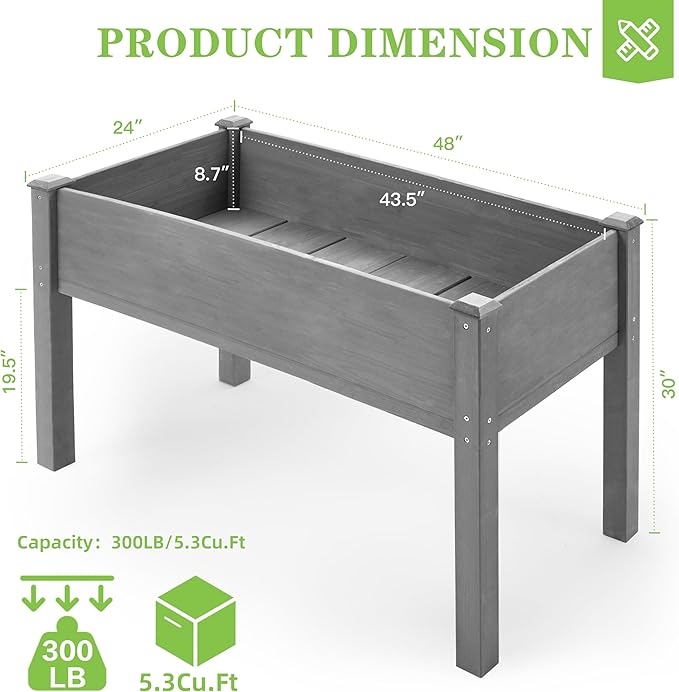 SoliWood Raised Garden Bed with Legs, 48x24x30'', Outdoor Wood Elevated Planter Box, Grey Cedar, Thick Legs, w/Liner
