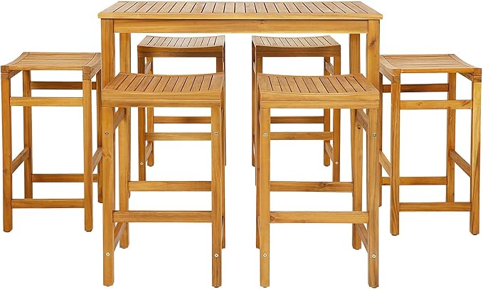Tangkula 7 Piece Outdoor Acacia Wood Bar Table Set, 45" Rectangular High Top Table with 6 Saddle Seat Bar Height Stools, Space-Saving Patio Dining Set for 6, for Deck, Garden and Porch