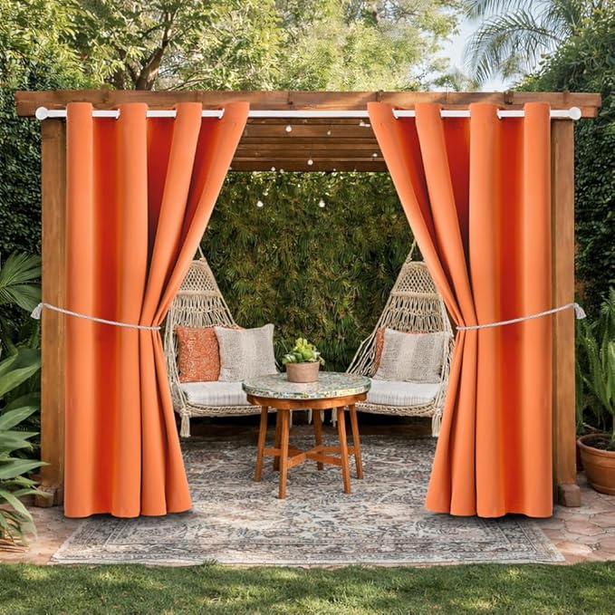 Water Proof Outside Curtains with Grommet Top for Porch, W52 x L120 Thermal Insulated Washable Outdoor Divider Drapes for Patio Gazebo Deck Pool Area Pergola Cabana (Orange, 2 Panels)