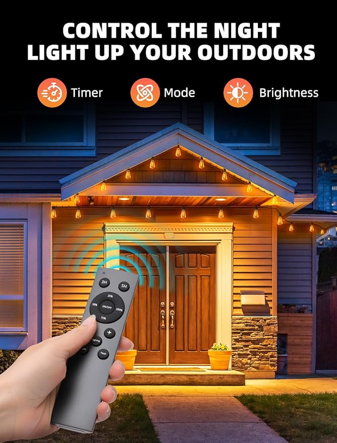 Outdoor Patio String Lights: 50Ft 15M Outside Waterproof Light - Remote Dimmable ST38 Shatterproof Bulb Connectable Hanging Outdoor Electric Lighting - Backyard Yard Gazebo Porch Party