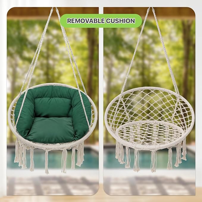 Magshion Hanging Hammock Chair with Comfy Cushion Offer Extra Support, Macrame Swing Chair Porch Hanging Chair, 350 Lbs Capacity, Perfect for Backyard Beach Relaxation and Enjoyment (Green and White