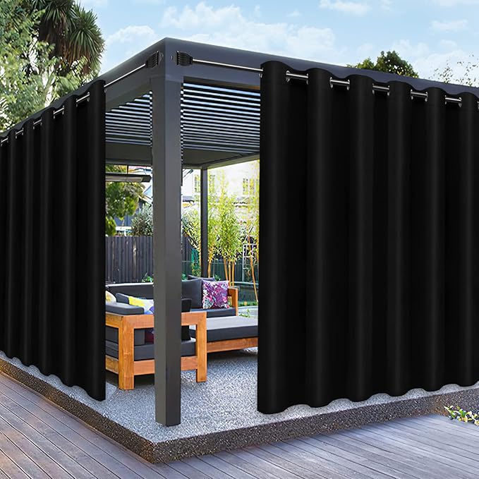 PureFit Outdoor Curtains for Patio Waterproof Weatherproof, UV and Fade Resistant Outside Curtains for Gazebo, Front Porch, Pergola, Sun Blocking Privacy Curtain, 100W x 108L inch, 1 Panel, Black