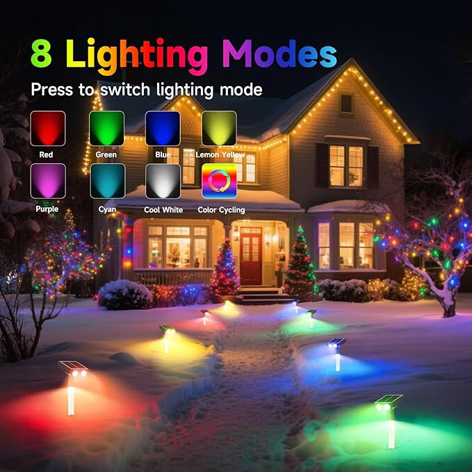 RGB Solar Spot Lights Outdoor with PC Light Guide Column, 8 Lighting Modes Christmas Landscape Lighting, IP65 Waterproof Solar Color Changing Lights Outdoor for Garden Yard Tree Pathway, 6Pack