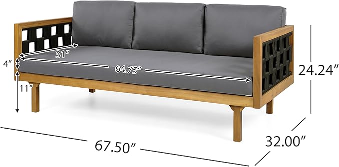 Christopher Knight Home Rosie Acacia Wood Outdoor Daybed Sofa with Water-Resistant Cushion, Solid Wood Patio 3 Seater Sofa Couch, Patio Garden Lounge Sofa with Woven Rope Accent, Black+Teak+Dark Gray