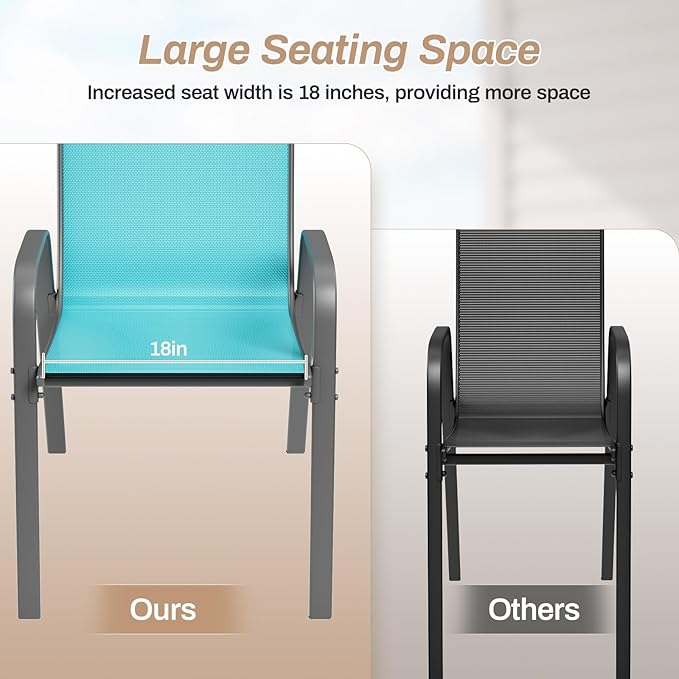 TLSUNNY Patio Chairs, Stackable Textilene Outdoor Dining Furniture for All Weather, with 17.7″ Wide Seat & Metal Frame, for Garden, Backyard, Deck, Restaurant, Poolside (6, Turquoise Blue, 24.6″)