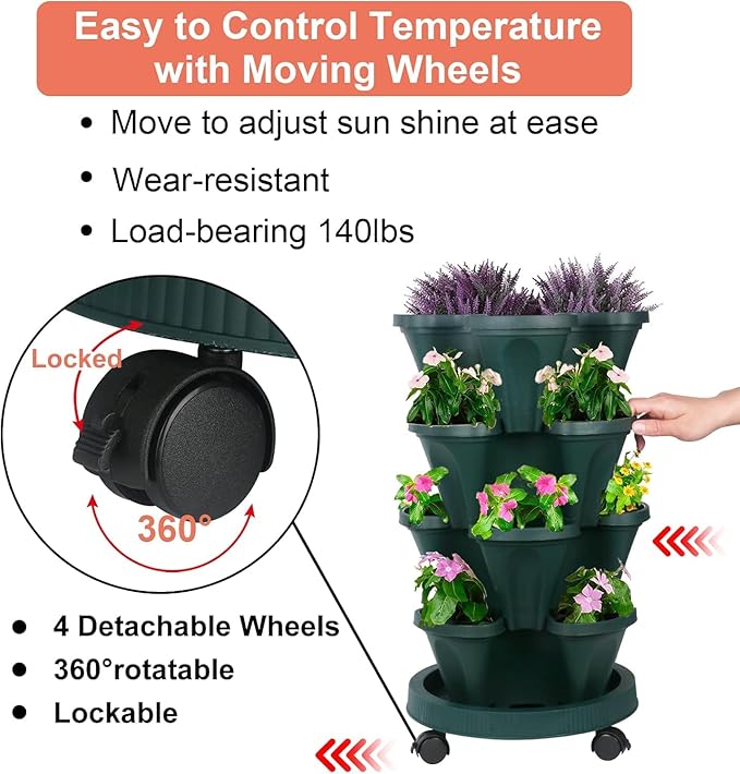Vertical Planter 4 Tier Stackable Planters Garden Planters Strawberry Herb Flower and Vegetable Planter Indoor Outdoor Gardening Pots with Removable Wheels and Tools