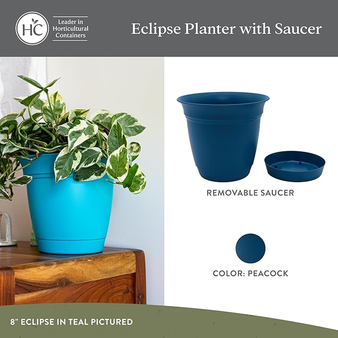 The HC Companies 20 Inch Eclipse Round Planter Pots with Drainage Holes & Attached Saucer, Lightweight UV-Resistant Plastic Indoor Outdoor Planters, 2-Pack Flower Pots for Garden & Home Decor, Peacock