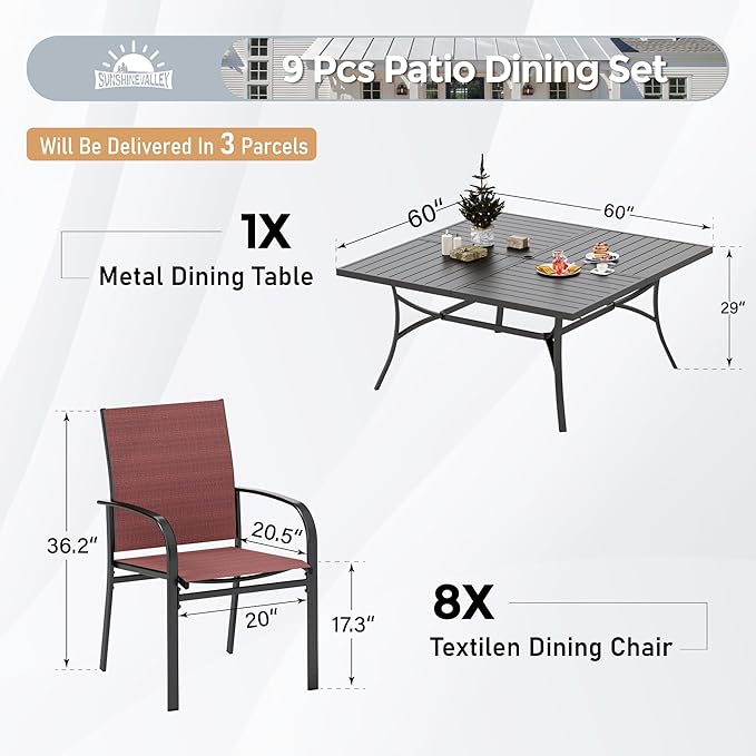 Patio Dining Set for 8, 60" x 60" Square Metal Table with Umbrella Hole, 8 x Stable Dining Chairs, Outdoor Table and Chairs Set for Lawn Backyard and Deck, Red