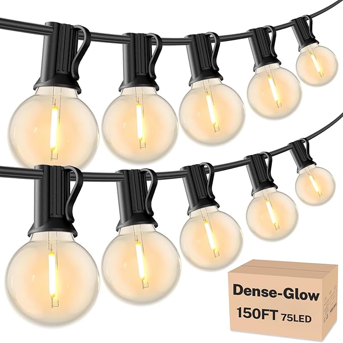 RTTY Dense-Glow 150FT Outdoor String Lights Pro Set with 75 G40 Bulbs - The Starter System for House Outline Lighting, Full Pergola or Pool Coverage, and Restaurant to Hotel Terrace Ambiance