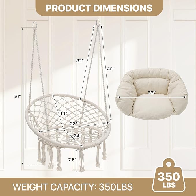 Monibloom Hanging Hammock Chair w/Large Comfy Cushion, Macrame Swing Chair Porch Hammock, Max 350 Lbs Capacity Hanging Swing for Adults & Teens, Backyard Hanging Chair for Relaxing Reading, White