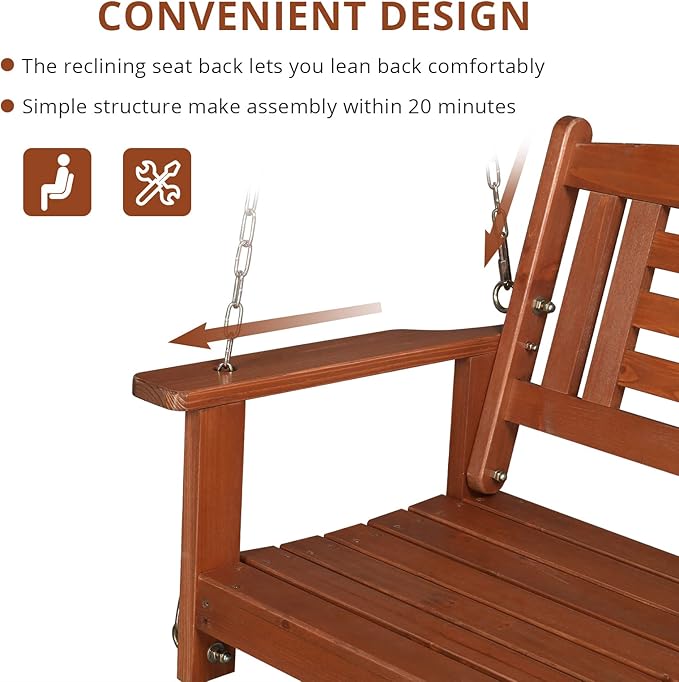 Outvita Porch Swing, 44" Swing Bench with Hanging Chains and Reclined Backrest for Deck, Garden,Yard, Balcony, Room 600lbs Capacity Fir Wood