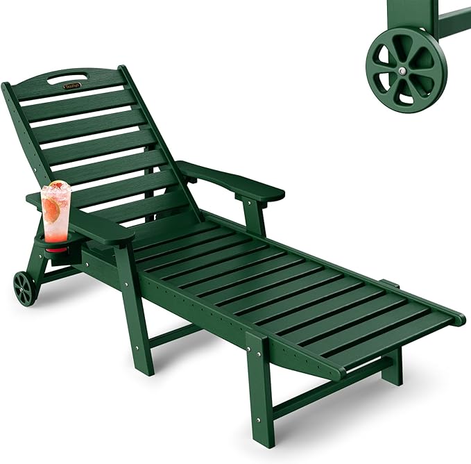 Lounge Chair Outdoor, Chaise Lounge Outdoor, HDPE 6-Position Lounge Chair for Outside, Patio Lounge Chair with Wheels & Cup Holder for Pool Poolside Deck Backyard, Green