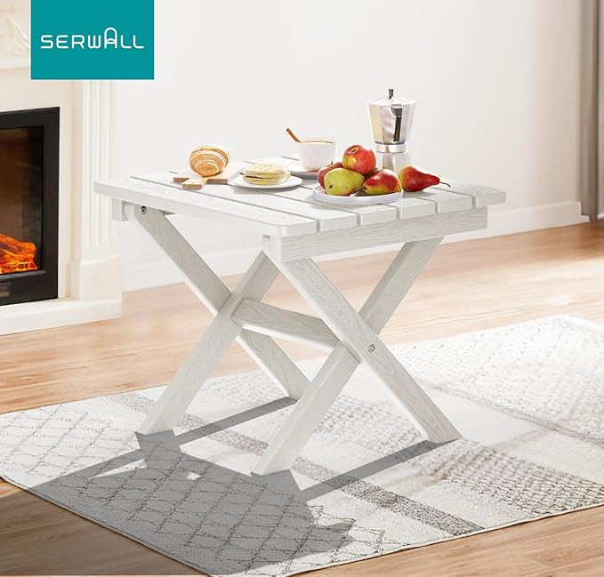 SERWALL Portable Folding Adirondack Table, HDPE Material Outdoor End Table, No Assembly Required, Weather-Resistant, 110 lbs Capacity, Small Table for Indoor and Outdoor uses, White