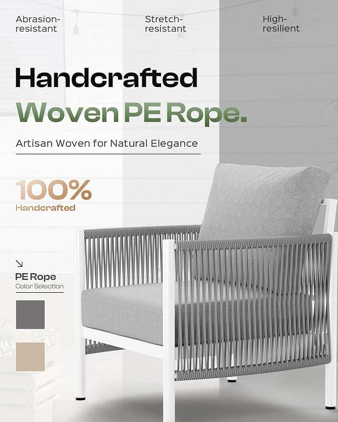 Aluminum Outdoor Patio Furniture Set with Dual-Layer Coffee Table, 5 Piece Modern Patio Conversation Sets with PE Rope, Outdoor Sectional Sofa with Thick Cushions for Balcony, Deck, White