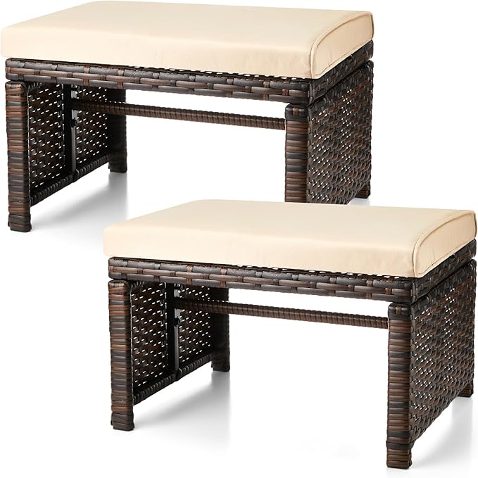 2 Pcs Patio Rattan Ottomans Outdoor Wicker Ottomans Patio Footstool Footrest with Removable Cushion Soft Zippered Cushions Function Footstool Seat Table for Backyard Balcony Poolside(Beige, Brown)
