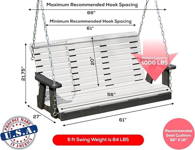 Poly Lumber Wood 5FT Porch Swing Amish Craftsmandship Made in USA HDPE with No wood fibers and 1000 lbs Limit. Stainless Steel Hardware.Signature Rollback design for Patio Outdoor Backyard Garden Park