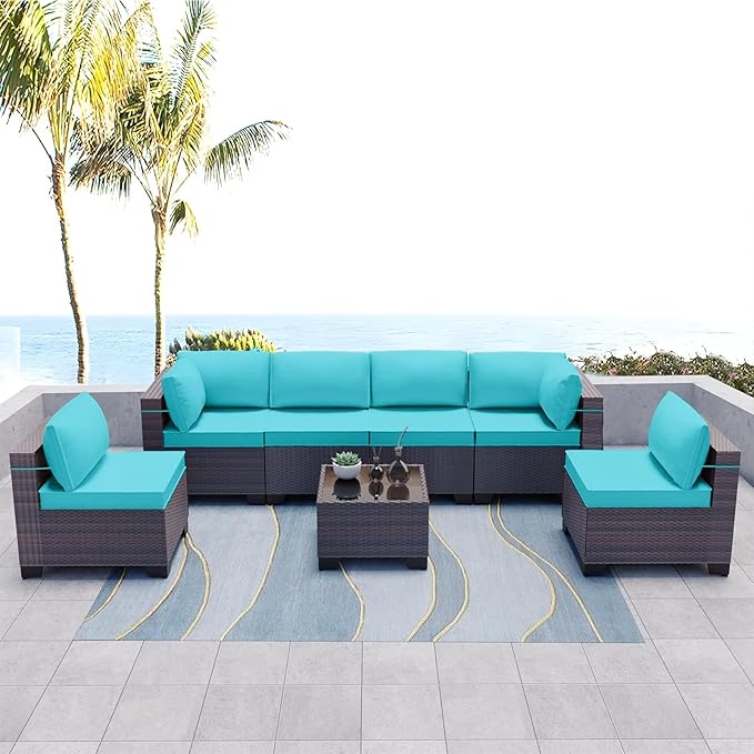 Kullavik 7 Pieces Outdoor Patio Furniture Set,Sectional Rattan Sofa Set Brown PE Rattan Wicker Patio Conversation Set with Tempered Glass Coffee Table and Washable Cushions Covers,Turquoise Blue