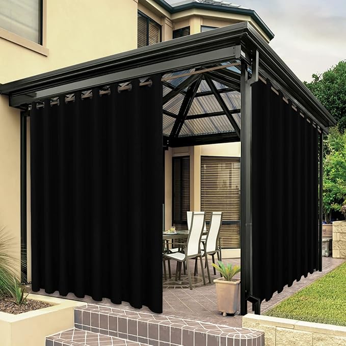 BONZER Extra Wide Waterproof Outdoor Curtains for Patio Heavy Privacy Light Filtering Grommet Outside Curtains for Porch, Pergola, Gazebo, 1 Panel, 150W x 108L inch, Black