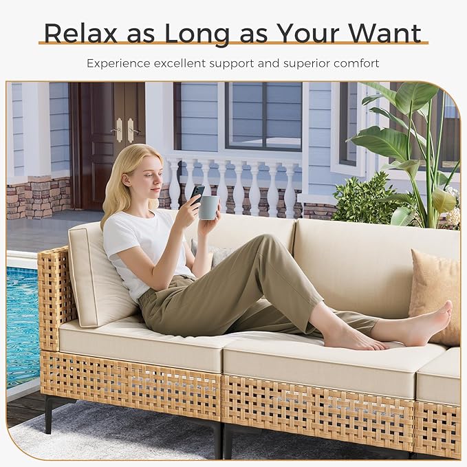 ABCASA Patio Furniture Set, 5-Piece Wicker Outdoor Patio Furniture Sets with Anti-Slip Cushions & Coffee Table,Boho Patio Conversation Set Sectional Sofa for Backyard,Porch,Beige