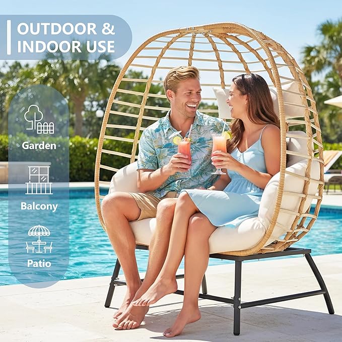 SWITTE Double Wicker Egg Chair Outdoor, Indoor 2-Person Papasan Loveseat with Thick Cushions, Oversized Patio Lounge Chair, 680 lbs Capacity for Balcony, Porch, Backyard-Beige