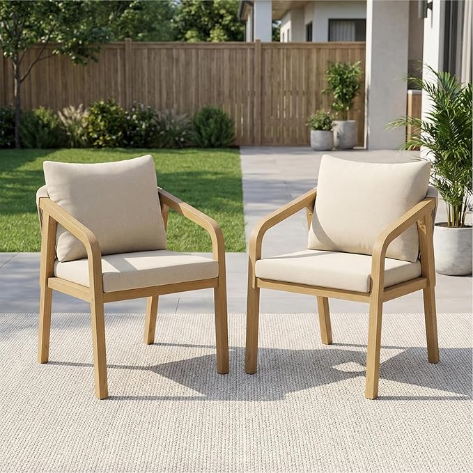 Wisteria Lane Acacia Patio Dining Chairs Set of 2, Outdoor Wood Chairs with Thick Cushions, Modern Patio Seating with Woven Rope Backrest for Porch, Backyard, Garden, Indoor Use, Beige