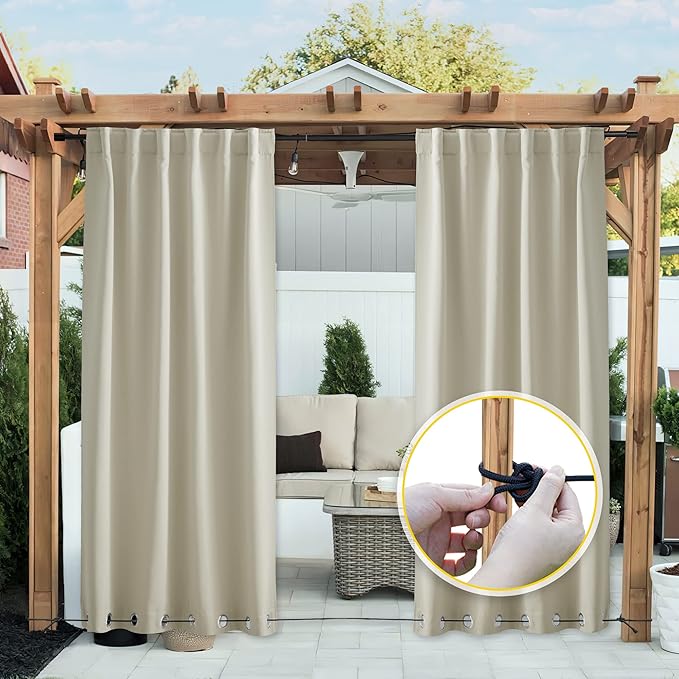 NICETOWN 2 Panels Weighted Blackout Curtains for Patio Waterproof, Top & Bottom Grommet & Back Tab Fixed Outdoor Curtains Windproof Drapes Thermal Insulated for Porch, W52 x L84, Light Beige