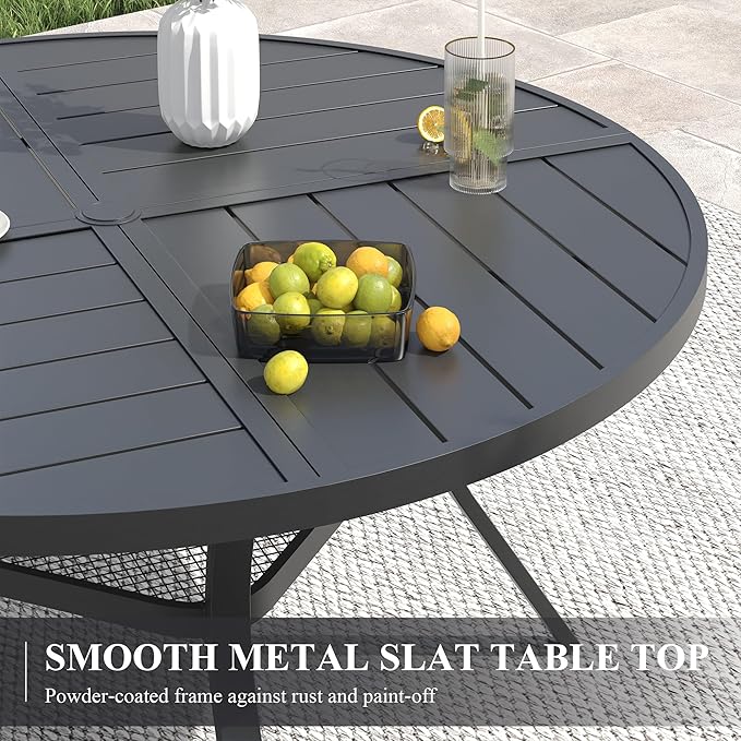 VICLLAX Patio Dining Set for 6, All Weather Metal Outdoor Furniture Set Includes 47" Round Patio Table and 6 Patio Stacking Chairs, Black Tabletop and Brown Fabric