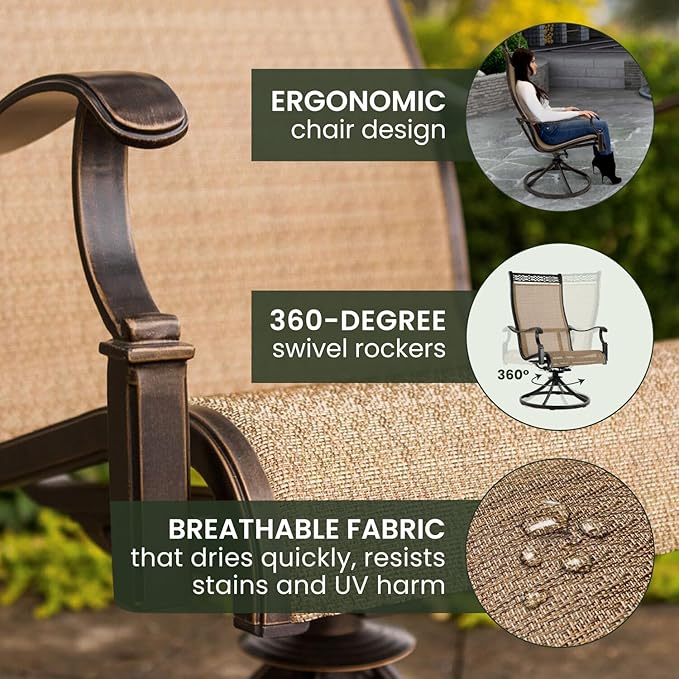 Hanover Manor 9-Piece Outdoor Dining Set with 8 PVC Sling Swivel Rockers and Rust-Resistant Aluminum 60" Square Outdoor Dining Table, Durable and Comfortable Patio Dining Set for 8