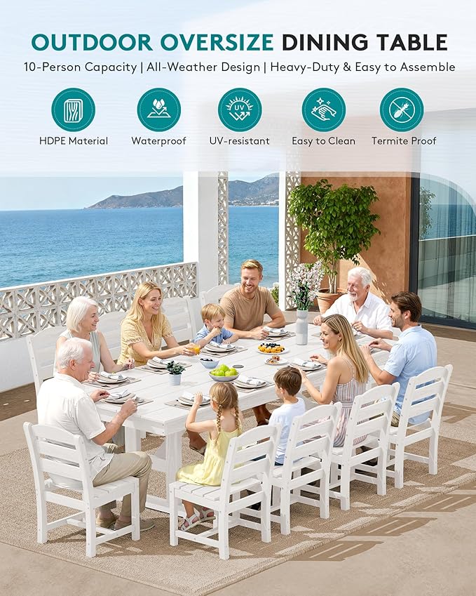 SERWALL Outdoor Dining Table, 84" Rectangular Dining Table for 6-10 Person, All Weather HDPE Outdoor Furniture for Backyard, Garden, White
