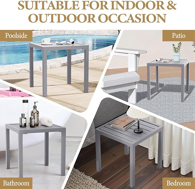 Crestlive Products Outdoor Side Table Set of 2, Small Square Metal End Table Weather Resistant Pool Side Tables for Patio Balcony（Light Gray