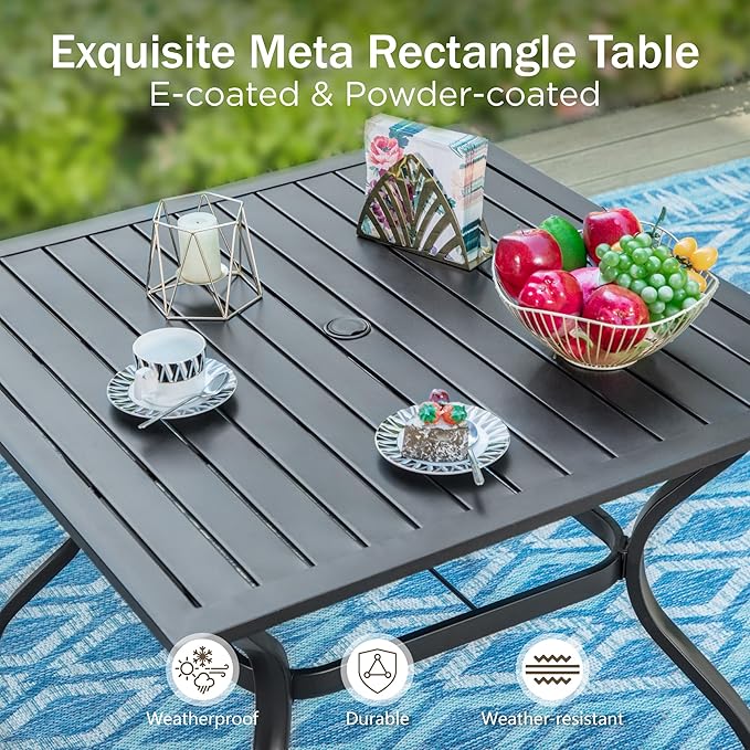 PHI VILLA 5 Pieces Outdoor Dining Set with Umbrella for 4, 37" Square Metal Dining Table & 4 Cushioned Wicker Rattan Chairs with 10ft Red Umbrella for Patio, Deck, Yard, Porch