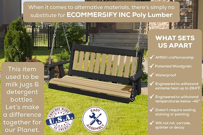 Mission Poly Lumber Wood 5FT Porch Swing Amish Craftsmandship Made in USA HDPE with No Wood fibers 1000 lbs Limit. Stainless Steel Hardware.Signature Design for Patio Outdoor Backyard Garden Park