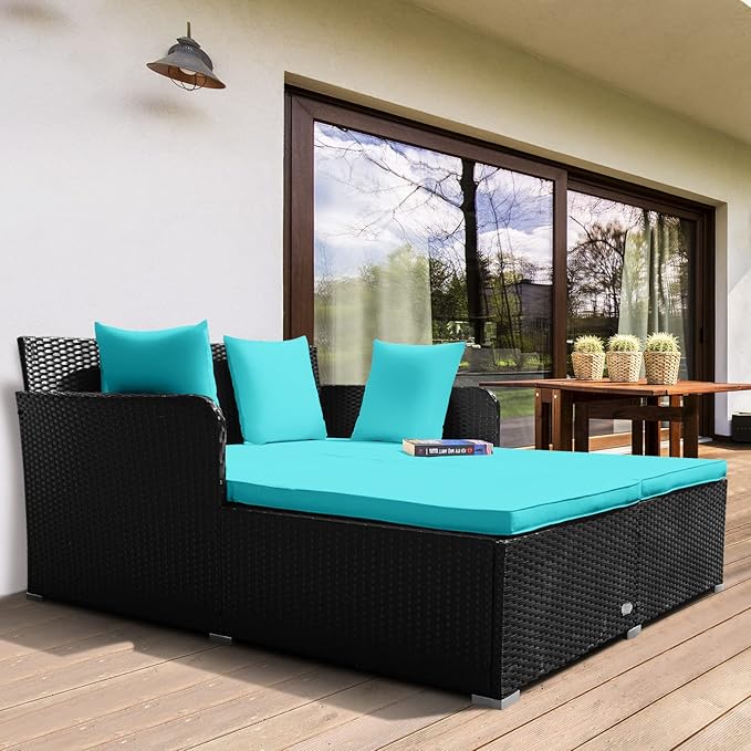 RELAX4LIFE Rattan Patio Outdoor Daybed, Wicker 2-Person Sunbed Loveseat with Soft Cushions, 4 Pillows, Curved Backrest & Armrest, Double Bed Lounger Sofa Set for Balcony Porch, Patio Bed (Turquoise)