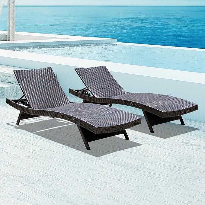 Idzo Katalina Chaise Lounge Set of 2-500lbs Support, UV Wicker, Ergonomic Wave Design, Reclining Backrest, Patio Furniture Set, Multi-Brown