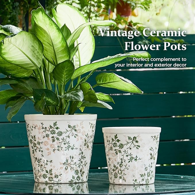 Ceramic Planter with Drainage Hole, Plastic Tray & Mesh, 6.7 Inch - Indoor/Outdoor Flower Pot for Orchids, Succulents, Green Floral Modern Farmhouse Décor for Home,Office and Garden, Ideal Gift