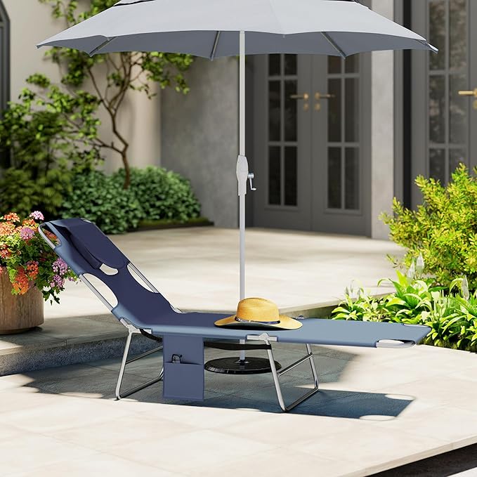 Outsunny Folding Beach Lounge Chair with Face Hole and Arm Slots, 5-Level Adjustable Sun Lounger Tanning Chair with Pillow for Patio, Garden, Beach, Pool, Gray