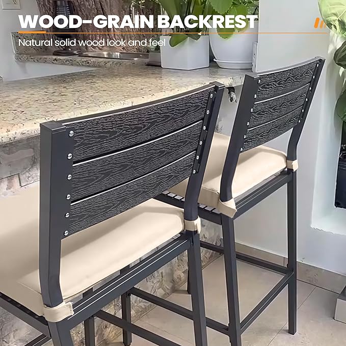 Crestlive Products Outdoor Bar Stools Set of 2, Patio Counter Height Barstools with Cushions, Tall Chairs with Back and Footrest for Deck, Lawn, Garden, Backyard, Poolside, Or Indoor Use (Beige)