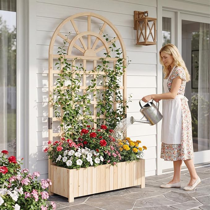 Giantex Wooden Raised Garden Bed with Arched Trellis, 71” Fir Wood Outdoor Elevated Planter Box Privacy Screen with Drainage Holes, Vertical Garden Bed for Climbing Plants, Patio Balcony Backyard