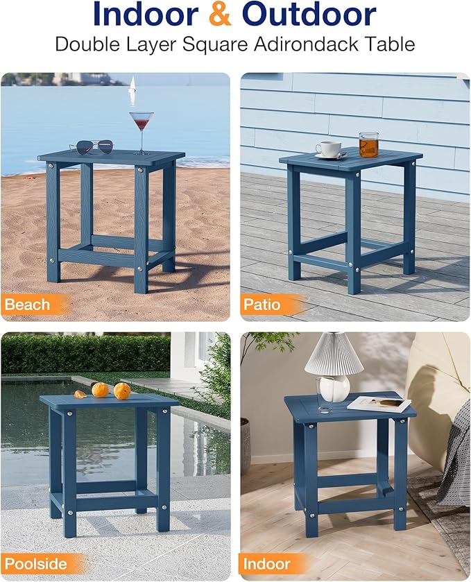 YEFU Outdoor Side Table for Patio: 16" HIPS Weather - Resistant Adirondack Tables Set of 2 - Small Square End Tables for Backyard Pool Porch Balcony - Indoor Outdoor Durable Table Navy Blue