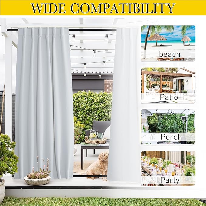 NICETOWN 2 Panels Outdoor Curtains Waterproof Pocket & Back Tab on Top & Bottom, Thermal Insulated Windproof Sun Blocking Outside Privacy Drapes for Patio with Fixed Rope, W84 x L95, Greyish White