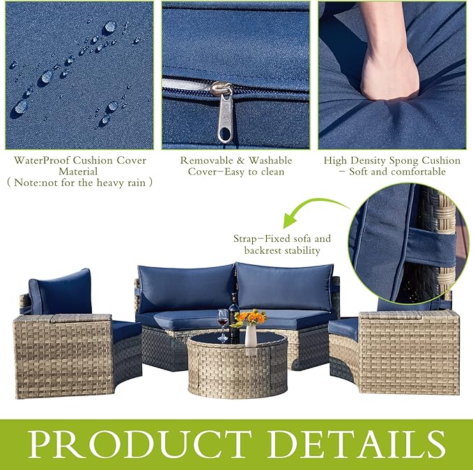 ECOTOUGE 9 Piece Outdoor Patio Half Moon Furniture, Patio Sectional Conversation Sofa Set with 30 Inch Propane Firepit Table Set for for Porch, Backyard and Garden (Blue)
