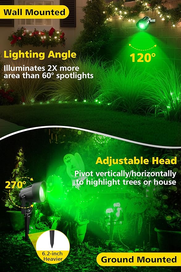 T-SUN Green Spotlight Outdoor, Waterproof LED Landscape Lighting with US Plug, Easy Install 270° Adjustable Outdoor Spot Lights for Garden Tree Yard Decor, 2 Pack