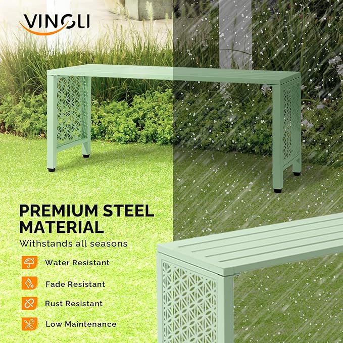 VINGLI 40in Outdoor Metal Bench, All-Weathe Backless Patio Bench with Slatted Seat＆Floral Side Panels, Rust-Resistant Garden Bench, Weatherproof Outdoor Seating for Porch Entryway Backyard (Green)