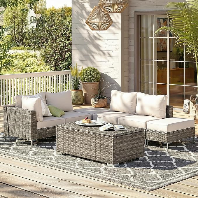 ONBRILL Outdoor Coffee Table with Storage, Rattan Storage Coffee Table with Internal Waterproof Bag, Low Side Table for Patio, Porch, Backyard, Poolside - Brown