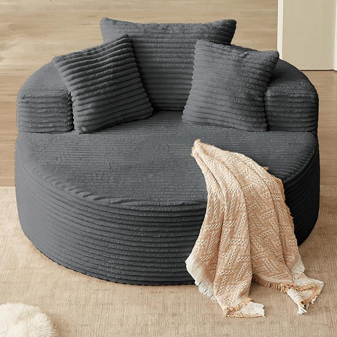 Oversized Round Chair Lounge Chaise Indoor, Upholstered Corduroy Deep Seat Cloud Large Circle Sofa Chair, No Assembly Required, Fluffy Modern Sleeper Sofa Bed for Reading, Living Room, Bedroom, Gray