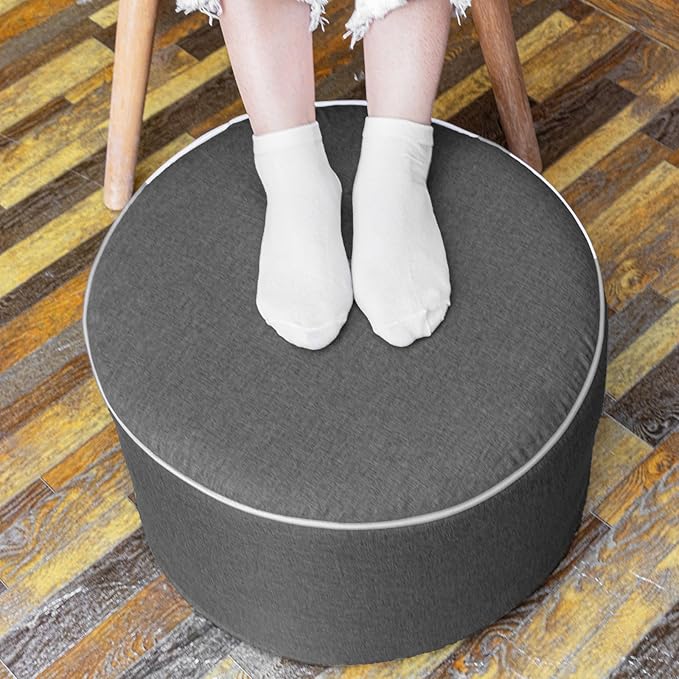 Outdoor Indoor Foam Stuffed Ottoman All Weather Waterproof Round Ottoman Footrest Stool D20x H12 Inches Boho Foot Rest for Patio Living Room Porch Outdoor Seating Garden Camping Dark Gray