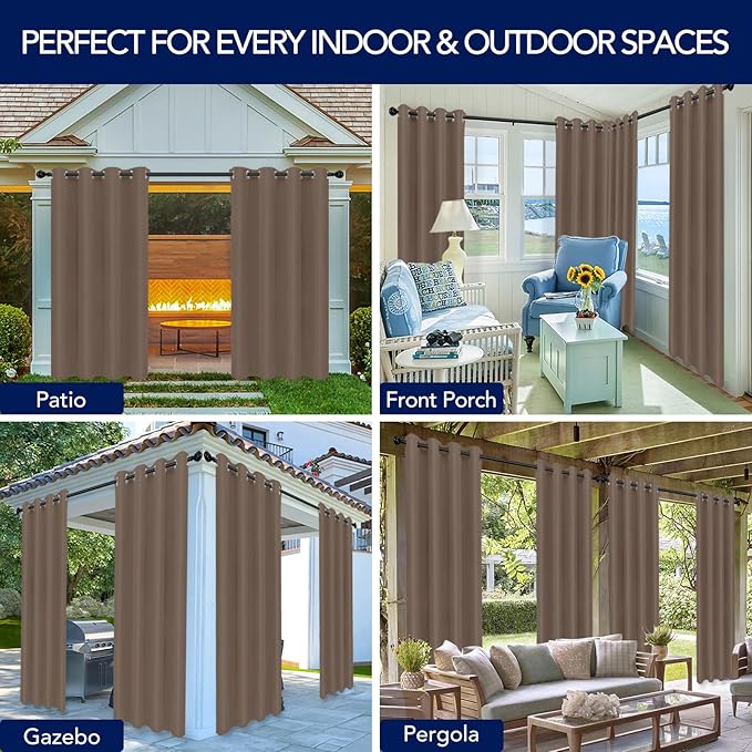 PureFit Outdoor Curtains for Patio Waterproof Weatherproof, UV Resistant Outside Curtains for Gazebo, Front Porch, Pergola, Sun Blocking Privacy Curtain, 52W x 108L inch, 1 Panel, Camel